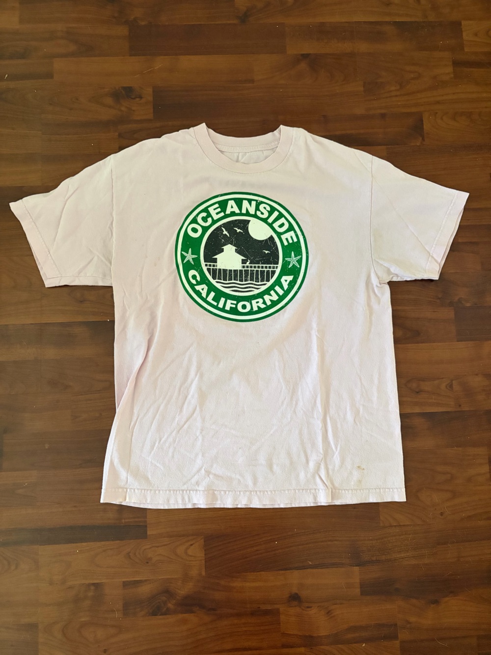 Light Pink Tee with Green Oceanside Graphic - medium
